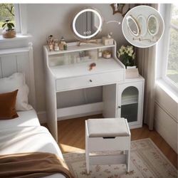 Vanity, Makeup Vanity Desk with Rotatable Mirror and Lights, White Make Up Vanity Table with 3 Adjustable Lighted and Chair, Makeu