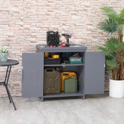 32" Outdoor Gray Wood Storage Cabinet w/ Galvanized Metal Top (Weather Protected) [NEW] **Retails for $140 / Assembly Req