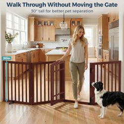 Dog Gate Indoor, 88.2" W x 30" H Extra Wide Foldable Bamboo Pet Gate with Door