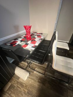 Modern 7-Pc Glass Dining Table Set (4 Black, 2 White Chairs) - Read Flaws Below