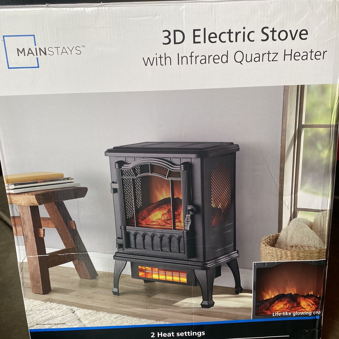 NEW OPEN BOX: Mainstays Black 1500w 2-Setting 3D Electric Stove Heater with  Life-like Flame for Sale in Orland Park, IL - OfferUp