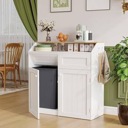 Double Trash Cabinet, 20 Gallon Freestanding Trash Can Cabinet, Wooden Recycling with Flip Door, Hidden Kitchen Garbage Can, Laundry, for Kitchen, Lau