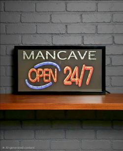 Illuminated Mancave Open 24/7 Sign, Black Red White Blue, 2020-Now 19"×10"