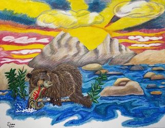 Original Bear Catching Fish Drawing 2022