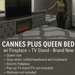 Cannes Plus Gray Queen Bed w/ Fireplace + TV Stand – $1,900 (negotiable) – Pickup Only (Bronx) 