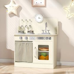 Play Kitchen for Toddlers, Wooden Kids Toy Kitchen Playset with Smart Storage, U