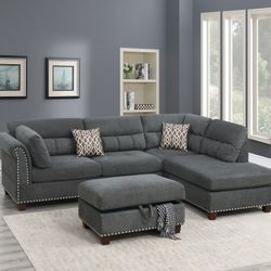 Brand New Grey Sectional Sofa w Storage Ottoman 