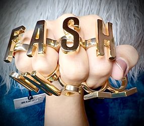 MOSCHINO Knuckle Rings set NEW IN BOX w/Tags from Jeremy Scott ~ FASH - ON / OFF ~ Gold Plated Brass