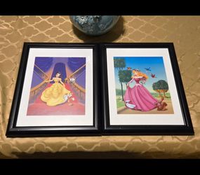 2 Disney Princess Framed Prints. Beauty and the Beast Belle and Sleeping Beauty Aurora.