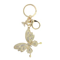 White Crystal Gold Tone Butterfly Key Chain  