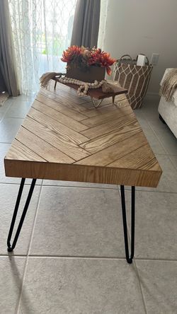 Wood Herringbone Coffee Table with Hairpin Legs