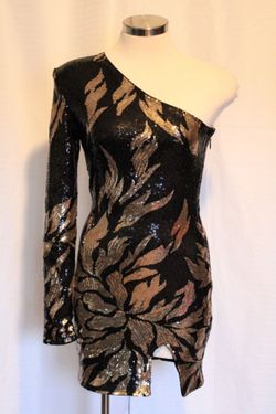 Fashion Nova Black Gold Sequin One Shoulder Mini Dress Size S