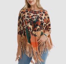 B ling Aztec Rodeo Leopard Front & Back Print F ringe Poncho