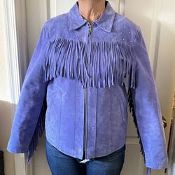 The Quaker Factory woman’s M Suede leather Purple Fringe Jacket with silver rhinestones