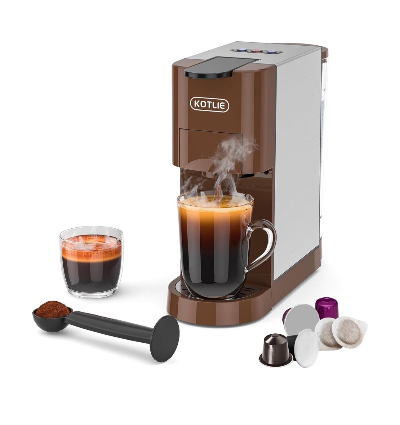 KOTLIE 4in1 Espresso Machine Single Serve Coffee Maker for NES*Original/KEU* K*cups/Ground Coffee/illy Coffee ESE,19Bar Espresso Maker, 1450W Coffee M