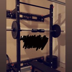 Rogue Folding Weight Rack, Bench, Barbell, Weights