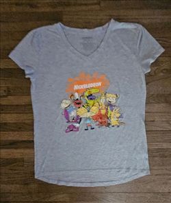 NIKELODION CARTOON CHARACTERS GIRL LARGE SIZE GREY 21"X26"  LITE FABRIC MATERIAL SHIRT  PRE-OWNED