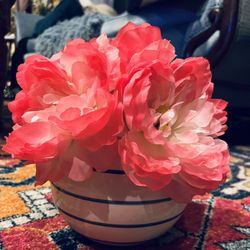 Faux Peonies In Glass Vase