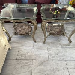 Pair of Ornate Glass and Marble End Tables