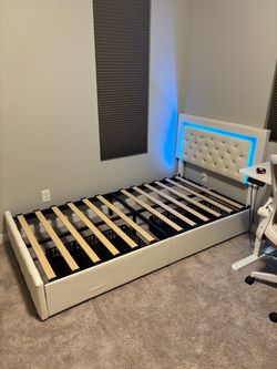 White Upholstered Bed Frame with LED Headboard