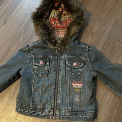 Baby Gap Girl  Denim Jacket Faux Fur Hooded Toddler 2 Years