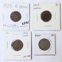 4 Vintage Coins Lot 1909 Lincoln Cent VDB Indian Head 
