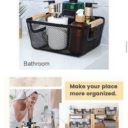 4 Pcs Metal Wire Basket with Wooden Handles Mesh Steel Storage Organizer Bin Containers for Home Organizing Cabinet Pantry Closet Kitchen Fridge Fruit