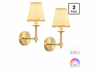 Kernline Boho Battery Operated Wall Sconce Set of 2, Medium Wireless Rechargeable Wall Lights with Rattan Shade, 12 RGB and 3CCT Dimmable Cordless Wal