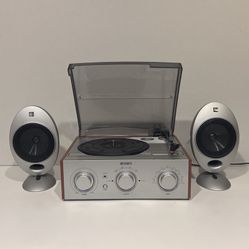 JENSEN JTA-220 3-Speed Turntable with AM/FM Stereo Receiver + 2 KEF HTS2001 Egg Satellite Speakers 