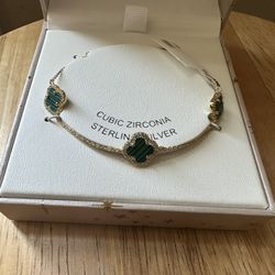 Rachel Zoe Green Malachite Clover 925 Sterling Silver Gold Plated Bracelet 