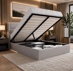 Queen Size Bed Frame Lift Up Hydraulic Storage Bed Frame Light Beige, Modern Wingback Headboard
