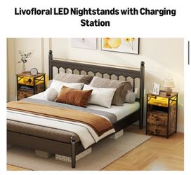 LED Nightstand with Charging Station, Nightstand Set of 2 with Wood Drawers, End Tables Living Room Set 2 with Storage, Farmhouse End Table Set of 2, 