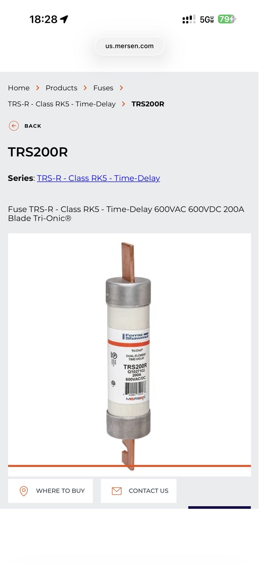 TRS200R - Ferraz Shawmut 200A 600VAC Class RK5 Time Delay Fuse