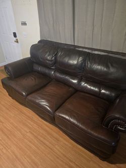 Dark Brown Leather Sofa with Nailhead Trim