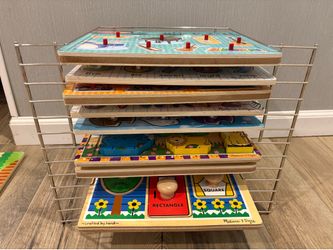 Melissa & Doug Wooden Puzzles Lot (13 Total) with Wire Storage Rack