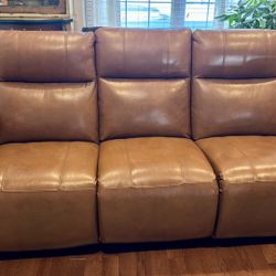 Tan 3 seater Italian leather recliner, battery powered