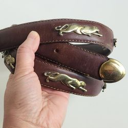 Vintage Brown Leather Belt w/ Brass Jaguar Rivets Made in France