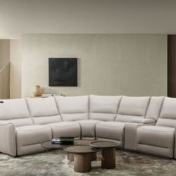 Brand New Beige Top Grain Leather Power Reclining Sectional Sofa