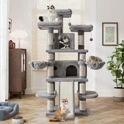 Amolife Extra Large 68" Cat Tree and Tower for Indoor Cats, Condo House with Scratching Post and Thick Posts, Gray
