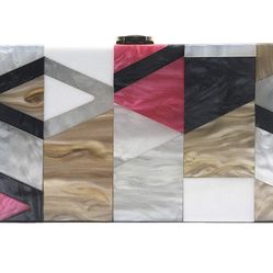 Elegant Geometric Lattice Patchwork Designer Clutch With Detachable Gold Chain