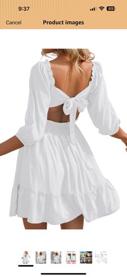 Phortric Womens Summer Tie Back Dress Square Neck Lantern Sleeve Off Shoulder Casual Mini Dresses