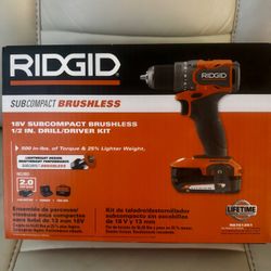 $130. New RIDGID 18V SubCompact Brushless Cordless Drill/Driver Kit with 2 Ah Battery and Tool Bag