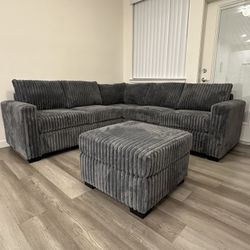 4-Piece Sectional Set W/ Ottoman One-Arm Loveseat x 2 + Corner Wedge + Cocktail Ottoman  Color: Dark Gray 💢 Bonito Seccional De 4 Piezas Color Gris 