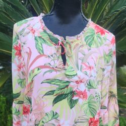 Women's Tropical Floral Pink & Green Tunic/Dress/Cover-Up Top By J.Jill