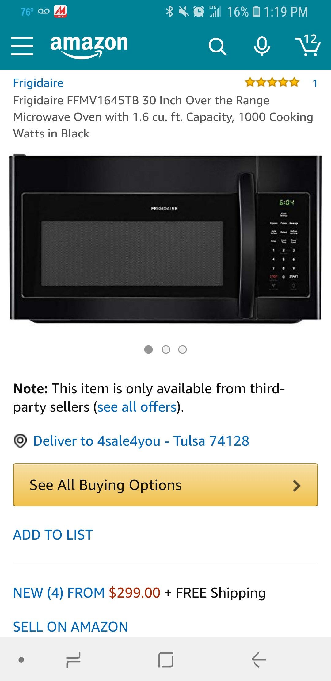 New Frigidaire Microwave oven 1.6 cu ft 1000 watts 30"