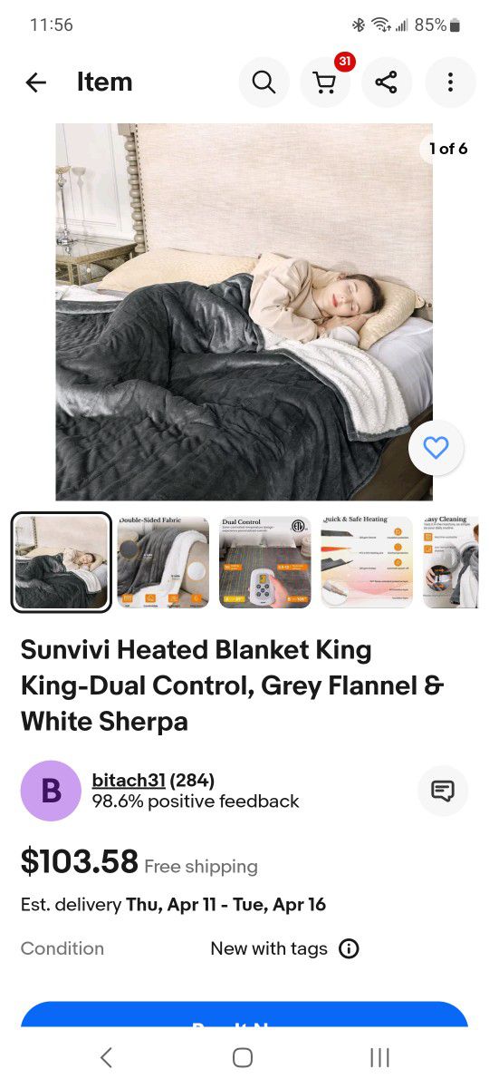 King size heating blanket dual control. NEW 