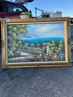 Mediterranean Villa Ocean View - Original Oil Painting with Ornate Frame