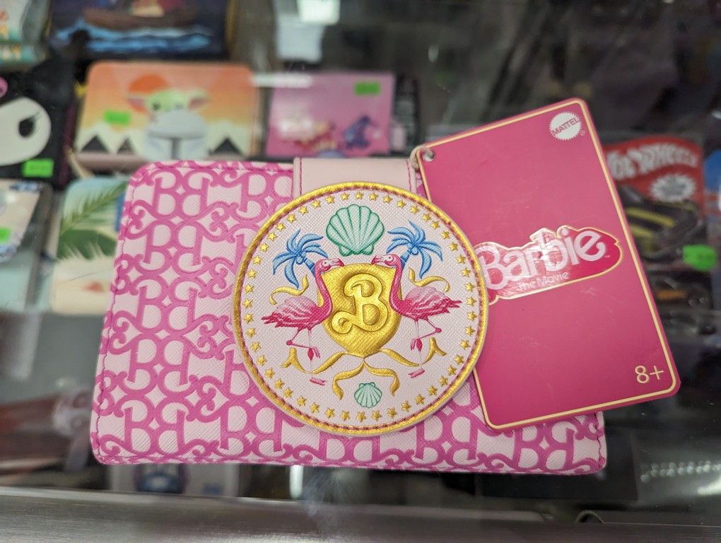 Loungefly Barbie The Movie Logo Bi Fold Wallet Pink Flamingos Seashells Palm Trees New With Tags