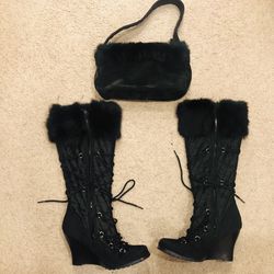 Black boots and purse with natural fur