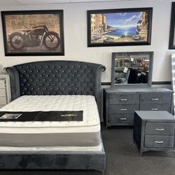 4PC Gray Velvet King Bedroom Set 💥SPECIAL💥